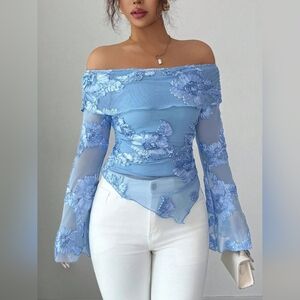 Elegant Sky Blue Lace Floral Off-Shoulder Mesh Top